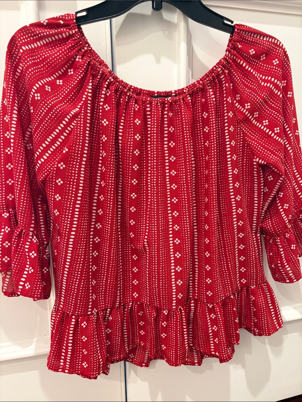 Sanctuary Red Off-Shoulder or on Peasant Top with White Dot Stripe